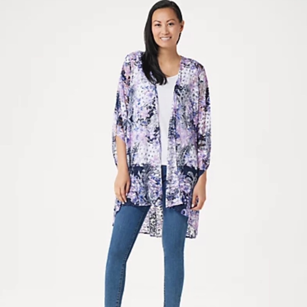 Printed Stretch Lace Drape Front Cardigan